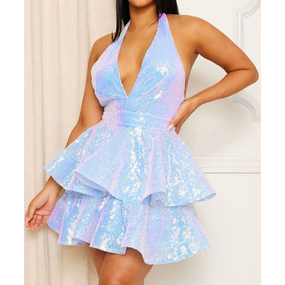Ice Blue iridescent sequin halter dress